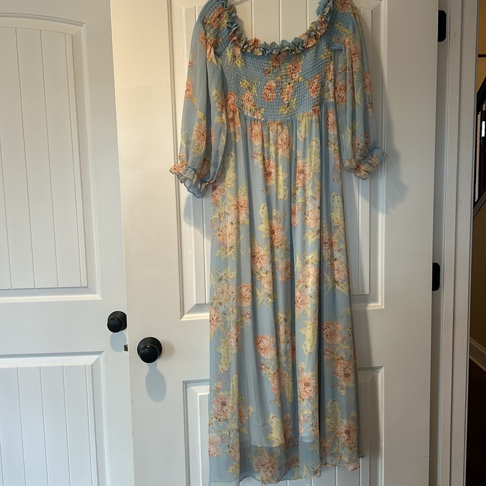 Aakaa Blue And Pink Floral Ruffle Off The Shoulder Long Sleeved Dress - Picture 3 of 11